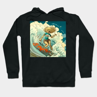 Extreme woman catching a wave on her surf board. Hoodie